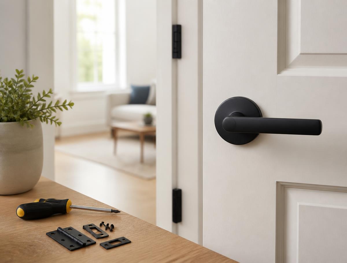Freshly installed matte black door handle and hinges with a screwdriver on a wooden surface