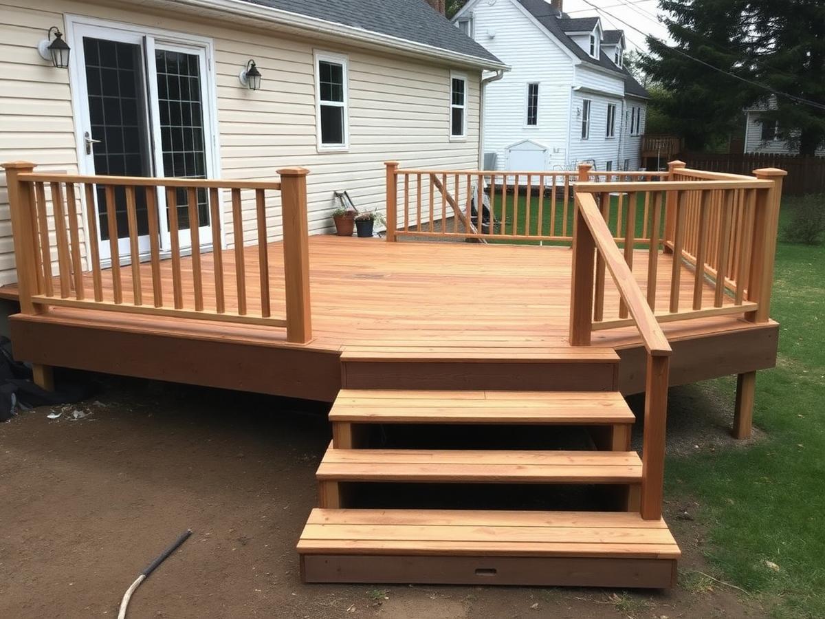 Repaired backyard deck with new boards and stairs