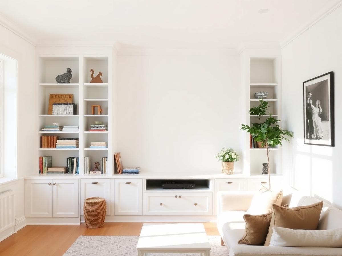 Built-in shelving in a bright living room